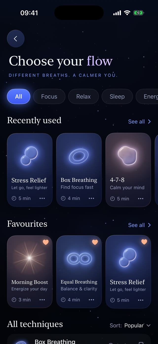 Choose your flow screen with a catalog of breathing techniques